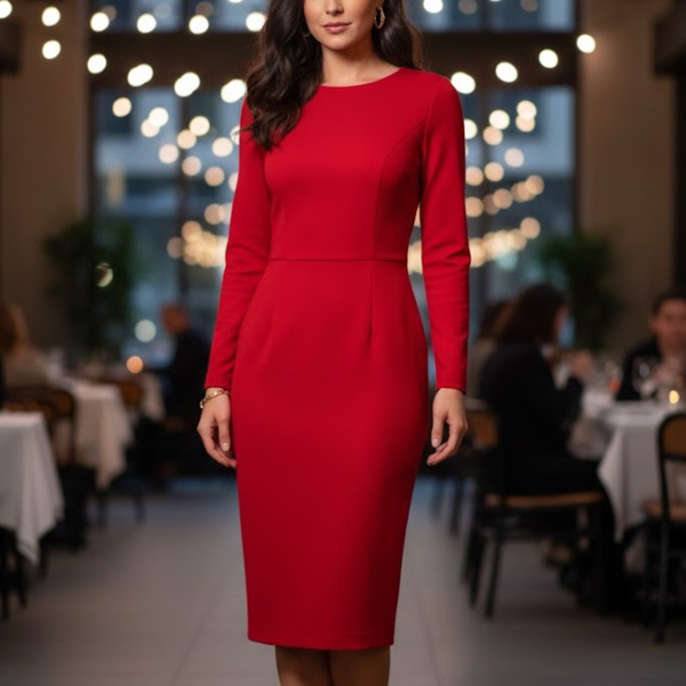 5th & Mercer Red Long Sleeve Sheath Dress Gold Back Zipper - Size 6